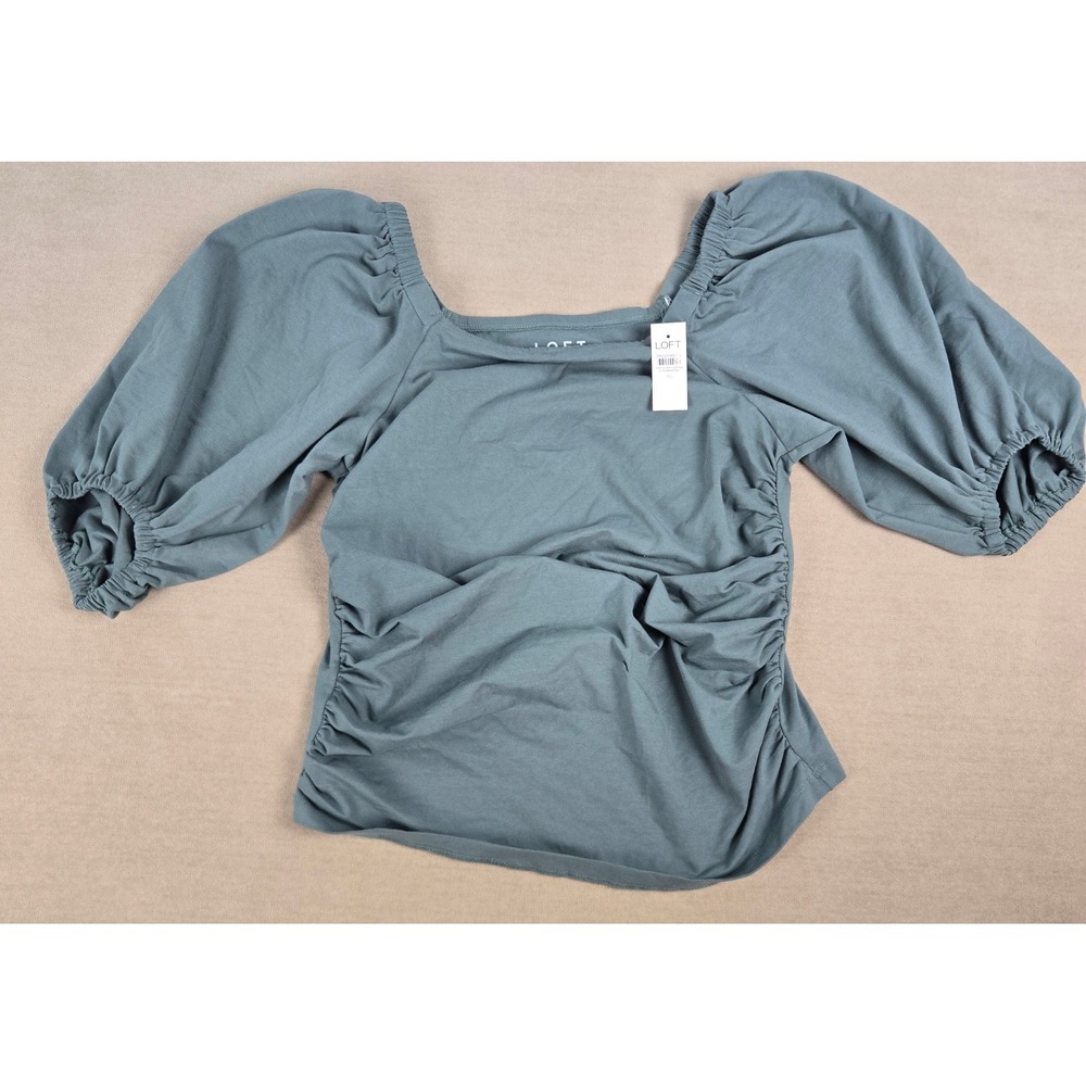 Loft Womens Puff Bubble Sleeve Ruched Square Neck Top Crop Green XL NWT Fairy